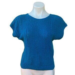 Vintage 80s Knit Short Sleeve Sweater Shirt Vest Blue Small